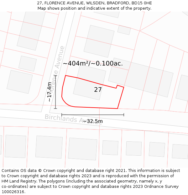 27, FLORENCE AVENUE, WILSDEN, BRADFORD, BD15 0HE: Plot and title map