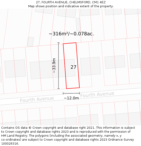 27, FOURTH AVENUE, CHELMSFORD, CM1 4EZ: Plot and title map