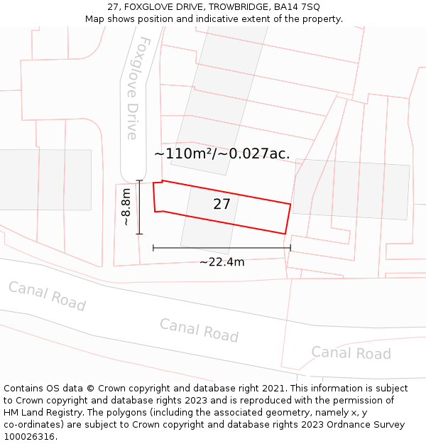 27, FOXGLOVE DRIVE, TROWBRIDGE, BA14 7SQ: Plot and title map