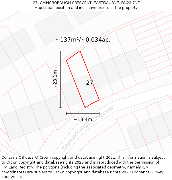 27, GAINSBOROUGH CRESCENT, EASTBOURNE, BN23 7NE: Plot and title map