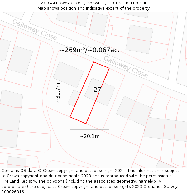 27, GALLOWAY CLOSE, BARWELL, LEICESTER, LE9 8HL: Plot and title map