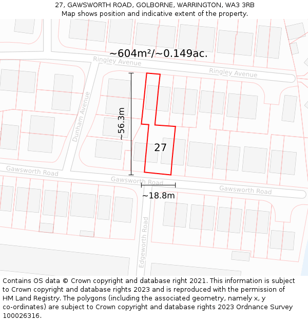 27, GAWSWORTH ROAD, GOLBORNE, WARRINGTON, WA3 3RB: Plot and title map