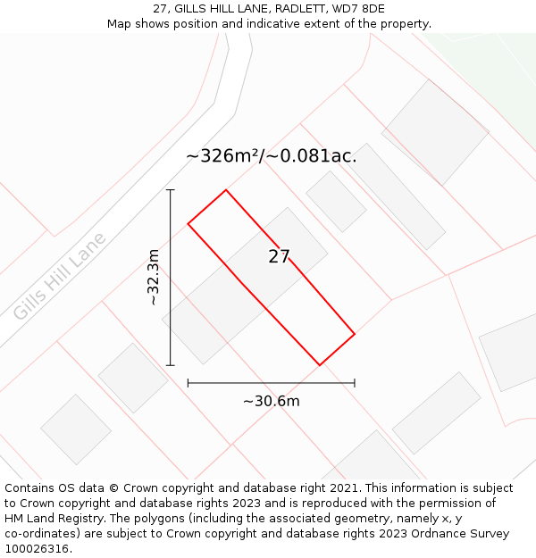 27, GILLS HILL LANE, RADLETT, WD7 8DE: Plot and title map