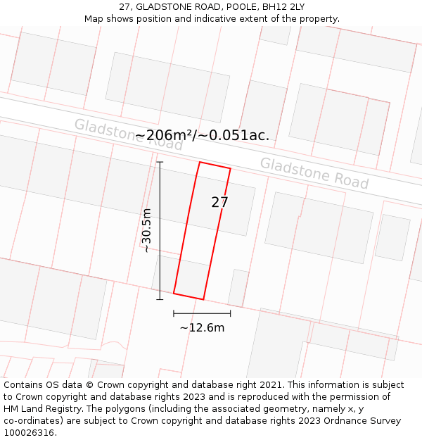 27, GLADSTONE ROAD, POOLE, BH12 2LY: Plot and title map