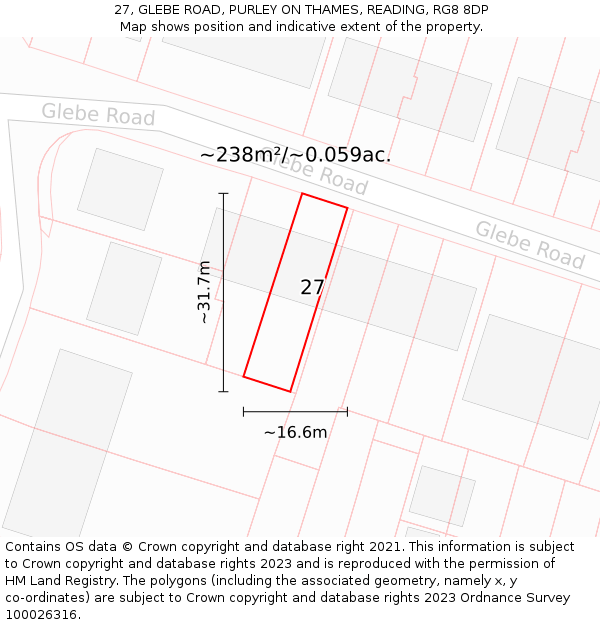 27, GLEBE ROAD, PURLEY ON THAMES, READING, RG8 8DP: Plot and title map