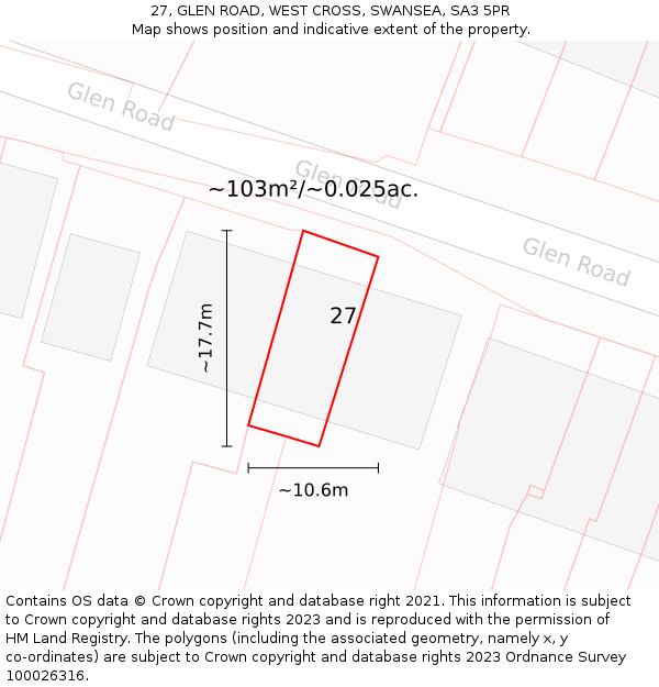 27, GLEN ROAD, WEST CROSS, SWANSEA, SA3 5PR: Plot and title map