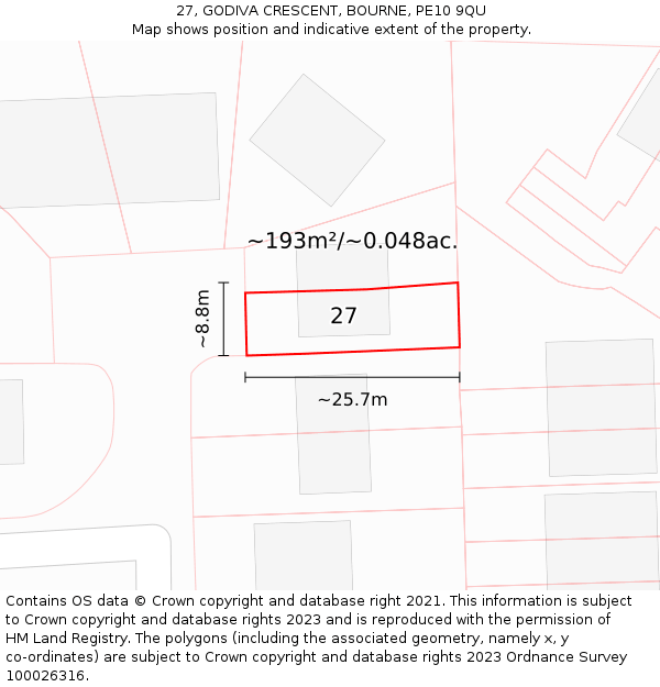 27, GODIVA CRESCENT, BOURNE, PE10 9QU: Plot and title map