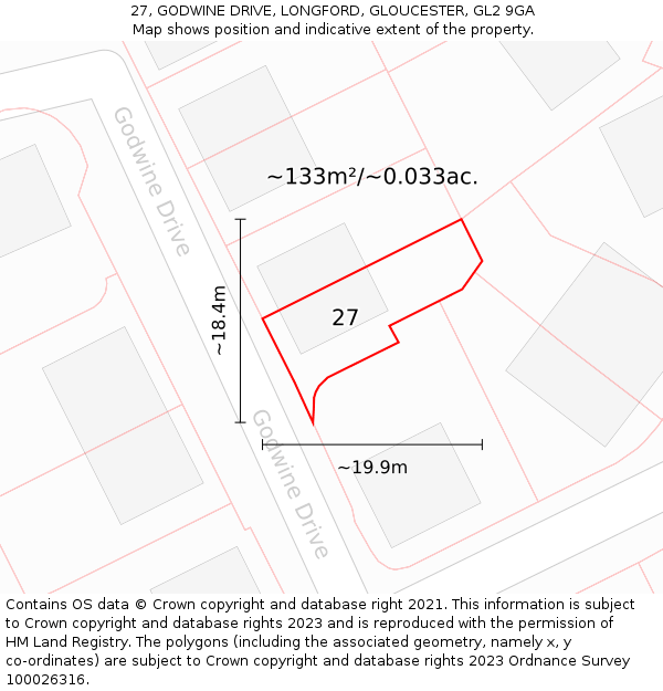 27, GODWINE DRIVE, LONGFORD, GLOUCESTER, GL2 9GA: Plot and title map