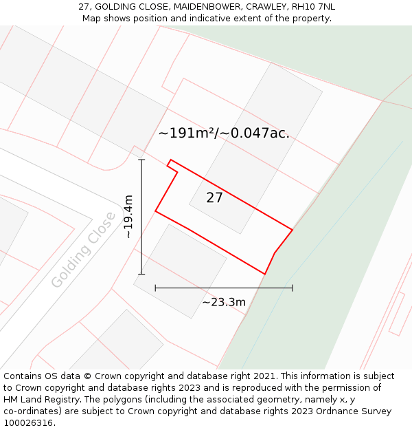 27, GOLDING CLOSE, MAIDENBOWER, CRAWLEY, RH10 7NL: Plot and title map