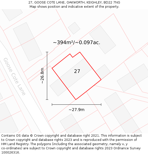 27, GOOSE COTE LANE, OAKWORTH, KEIGHLEY, BD22 7NG: Plot and title map