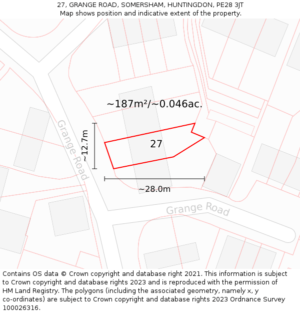 27, GRANGE ROAD, SOMERSHAM, HUNTINGDON, PE28 3JT: Plot and title map
