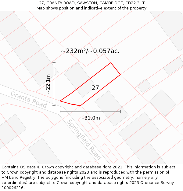 27, GRANTA ROAD, SAWSTON, CAMBRIDGE, CB22 3HT: Plot and title map