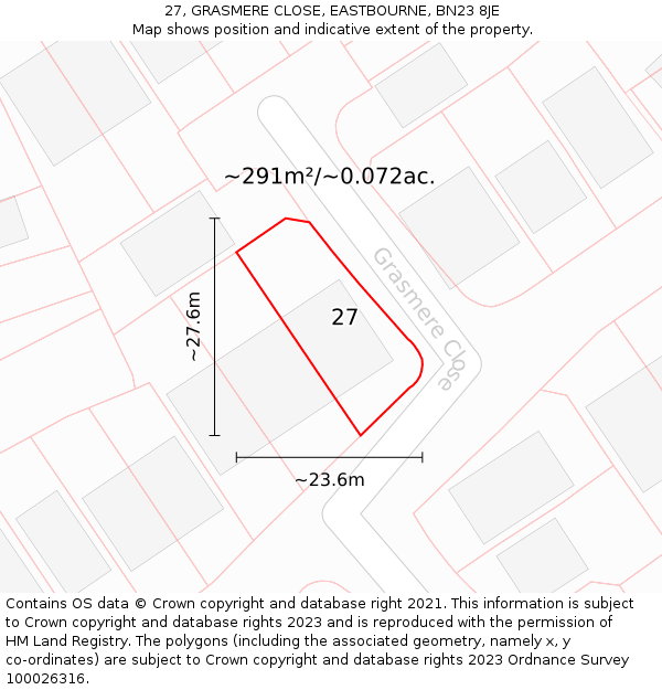 27, GRASMERE CLOSE, EASTBOURNE, BN23 8JE: Plot and title map