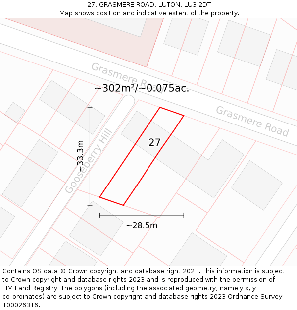 27, GRASMERE ROAD, LUTON, LU3 2DT: Plot and title map