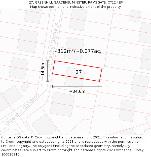 27, GREENHILL GARDENS, MINSTER, RAMSGATE, CT12 4EP: Plot and title map