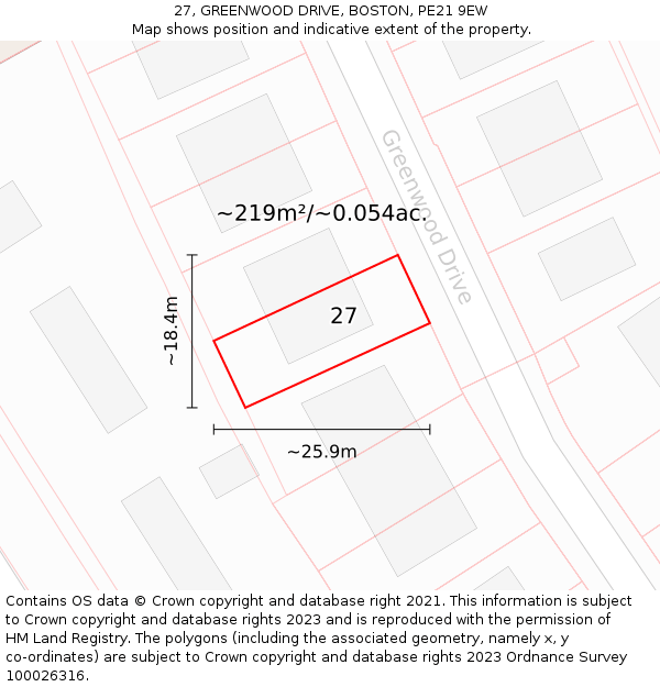 27, GREENWOOD DRIVE, BOSTON, PE21 9EW: Plot and title map