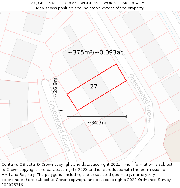 27, GREENWOOD GROVE, WINNERSH, WOKINGHAM, RG41 5LH: Plot and title map