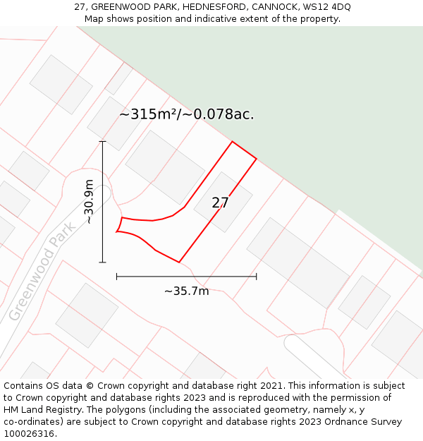 27, GREENWOOD PARK, HEDNESFORD, CANNOCK, WS12 4DQ: Plot and title map