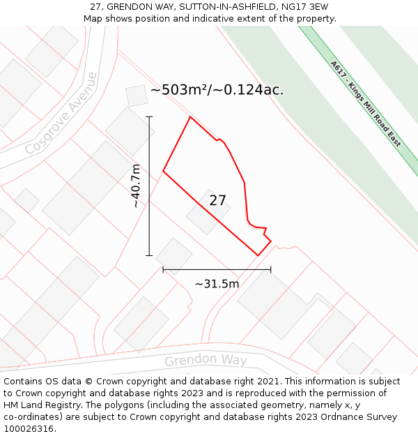 27, GRENDON WAY, SUTTON-IN-ASHFIELD, NG17 3EW: Plot and title map