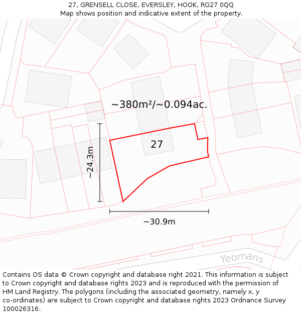 27, GRENSELL CLOSE, EVERSLEY, HOOK, RG27 0QQ: Plot and title map