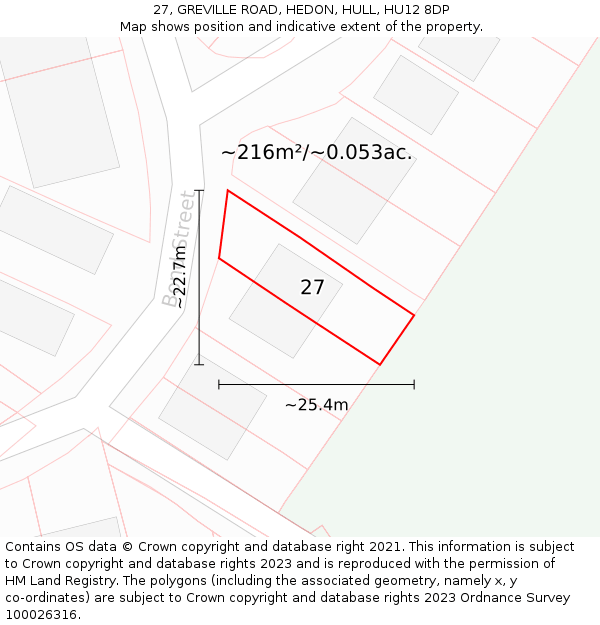 27, GREVILLE ROAD, HEDON, HULL, HU12 8DP: Plot and title map