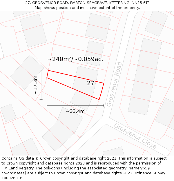 27, GROSVENOR ROAD, BARTON SEAGRAVE, KETTERING, NN15 6TF: Plot and title map