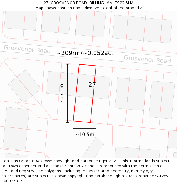 27, GROSVENOR ROAD, BILLINGHAM, TS22 5HA: Plot and title map