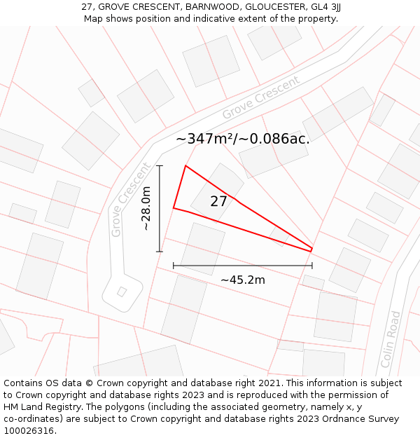 27, GROVE CRESCENT, BARNWOOD, GLOUCESTER, GL4 3JJ: Plot and title map