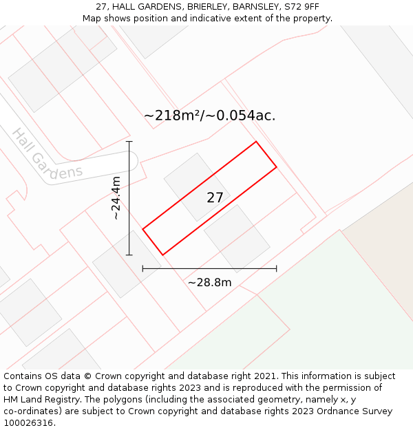 27, HALL GARDENS, BRIERLEY, BARNSLEY, S72 9FF: Plot and title map