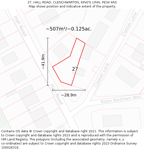 27, HALL ROAD, CLENCHWARTON, KING'S LYNN, PE34 4AS: Plot and title map