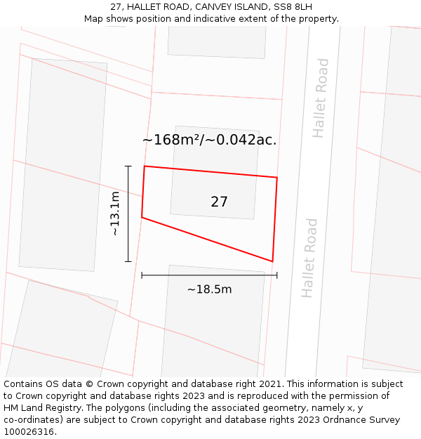 27, HALLET ROAD, CANVEY ISLAND, SS8 8LH: Plot and title map