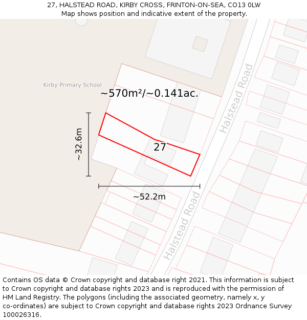 27, HALSTEAD ROAD, KIRBY CROSS, FRINTON-ON-SEA, CO13 0LW: Plot and title map