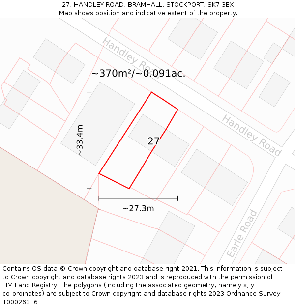 27, HANDLEY ROAD, BRAMHALL, STOCKPORT, SK7 3EX: Plot and title map