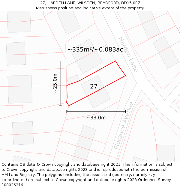 27, HARDEN LANE, WILSDEN, BRADFORD, BD15 0EZ: Plot and title map