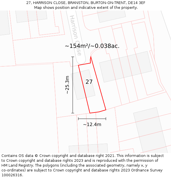 27, HARRISON CLOSE, BRANSTON, BURTON-ON-TRENT, DE14 3EF: Plot and title map