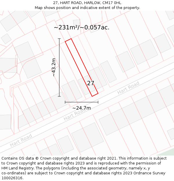 27, HART ROAD, HARLOW, CM17 0HL: Plot and title map