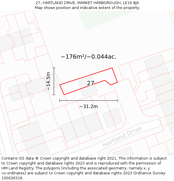 27, HARTLAND DRIVE, MARKET HARBOROUGH, LE16 8JA: Plot and title map