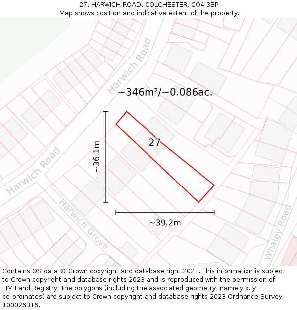 27, HARWICH ROAD, COLCHESTER, CO4 3BP: Plot and title map