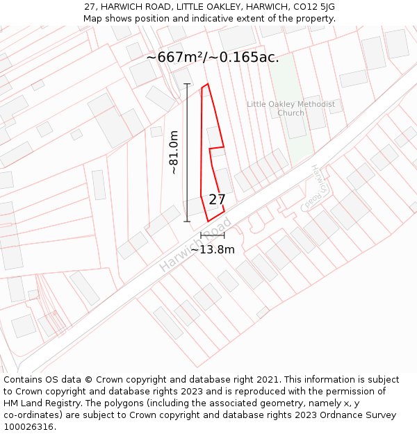 27, HARWICH ROAD, LITTLE OAKLEY, HARWICH, CO12 5JG: Plot and title map