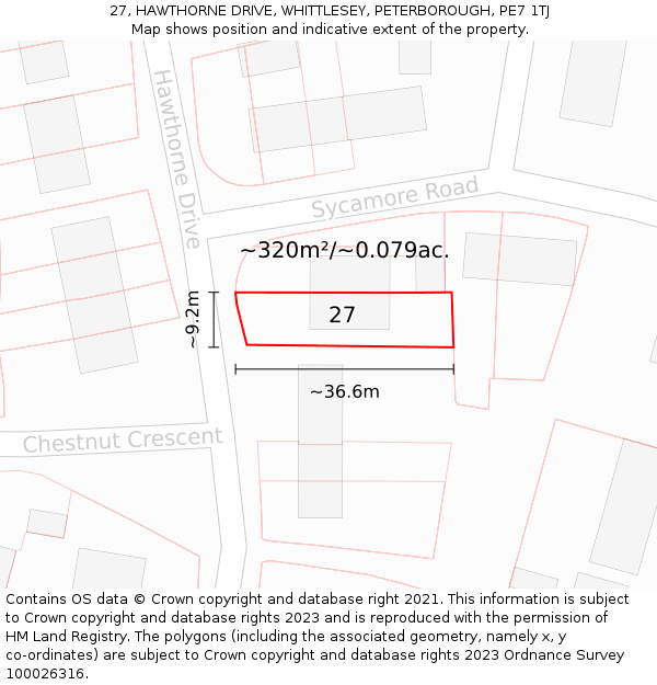 27, HAWTHORNE DRIVE, WHITTLESEY, PETERBOROUGH, PE7 1TJ: Plot and title map