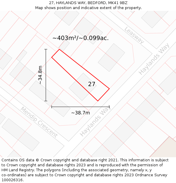 27, HAYLANDS WAY, BEDFORD, MK41 9BZ: Plot and title map