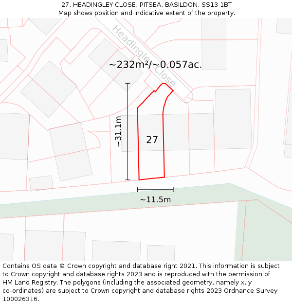 27, HEADINGLEY CLOSE, PITSEA, BASILDON, SS13 1BT: Plot and title map