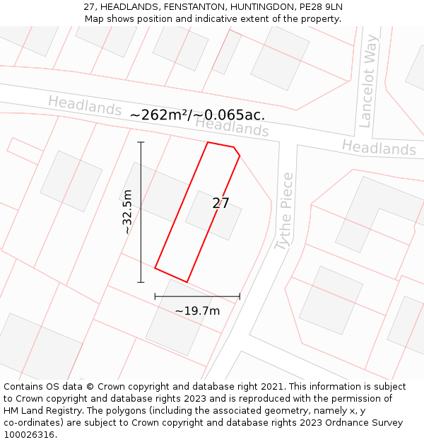 27, HEADLANDS, FENSTANTON, HUNTINGDON, PE28 9LN: Plot and title map