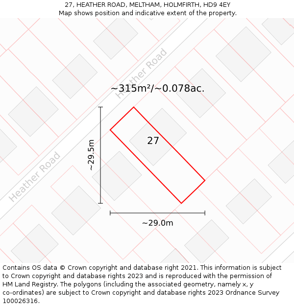 27, HEATHER ROAD, MELTHAM, HOLMFIRTH, HD9 4EY: Plot and title map