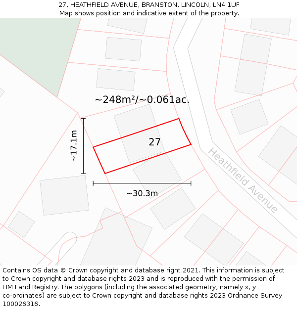 27, HEATHFIELD AVENUE, BRANSTON, LINCOLN, LN4 1UF: Plot and title map