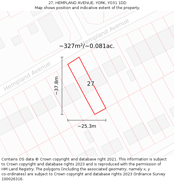 27, HEMPLAND AVENUE, YORK, YO31 1DD: Plot and title map