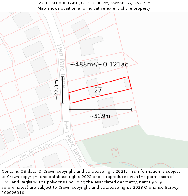 27, HEN PARC LANE, UPPER KILLAY, SWANSEA, SA2 7EY: Plot and title map