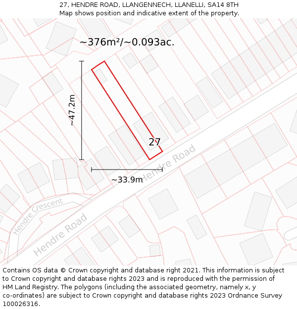 27, HENDRE ROAD, LLANGENNECH, LLANELLI, SA14 8TH: Plot and title map