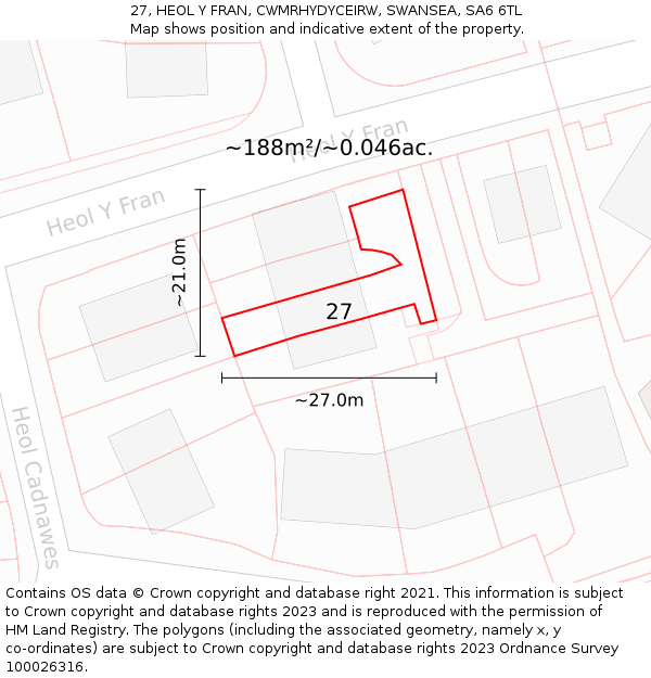 27, HEOL Y FRAN, CWMRHYDYCEIRW, SWANSEA, SA6 6TL: Plot and title map