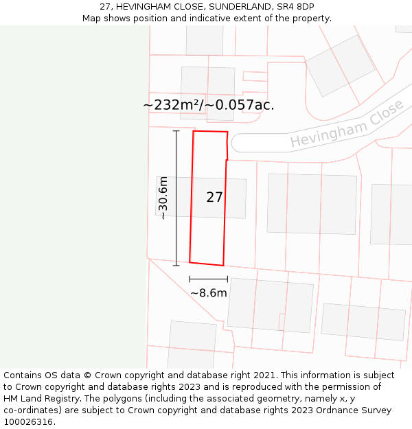 27, HEVINGHAM CLOSE, SUNDERLAND, SR4 8DP: Plot and title map